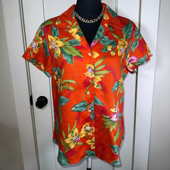VINTAGE 100% Linen Lauren Ralph Lauren Vibrant Floral Button-Up Shirt - Picture 1 of 7